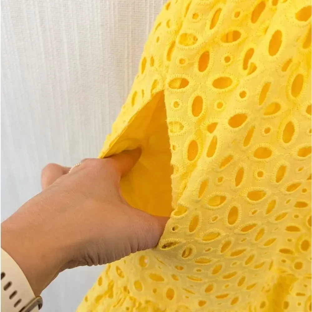 Anthropologie The Somerset Eyelet Mini Dress Womens L Yellow V-neck Short Sleeve